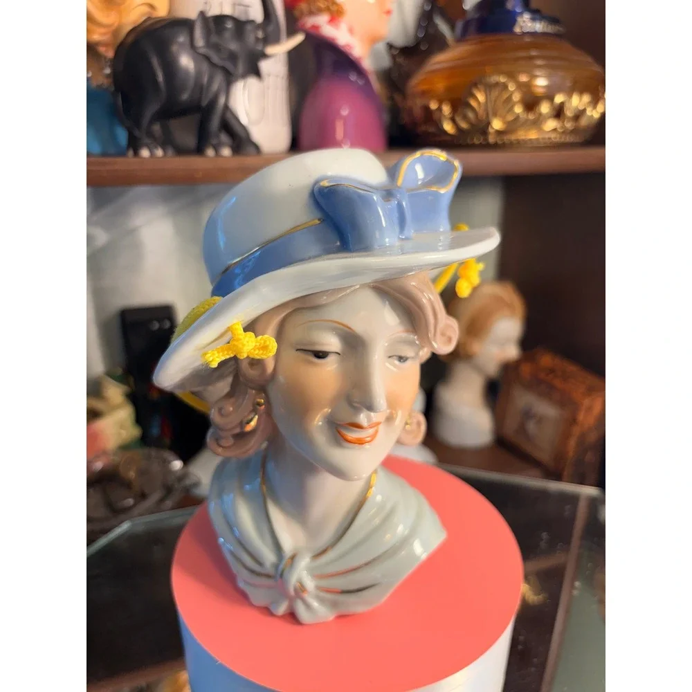 Vintage Ceramic Lady Head Vase Blue Hat Gold Trim Mid Century Style Figurine